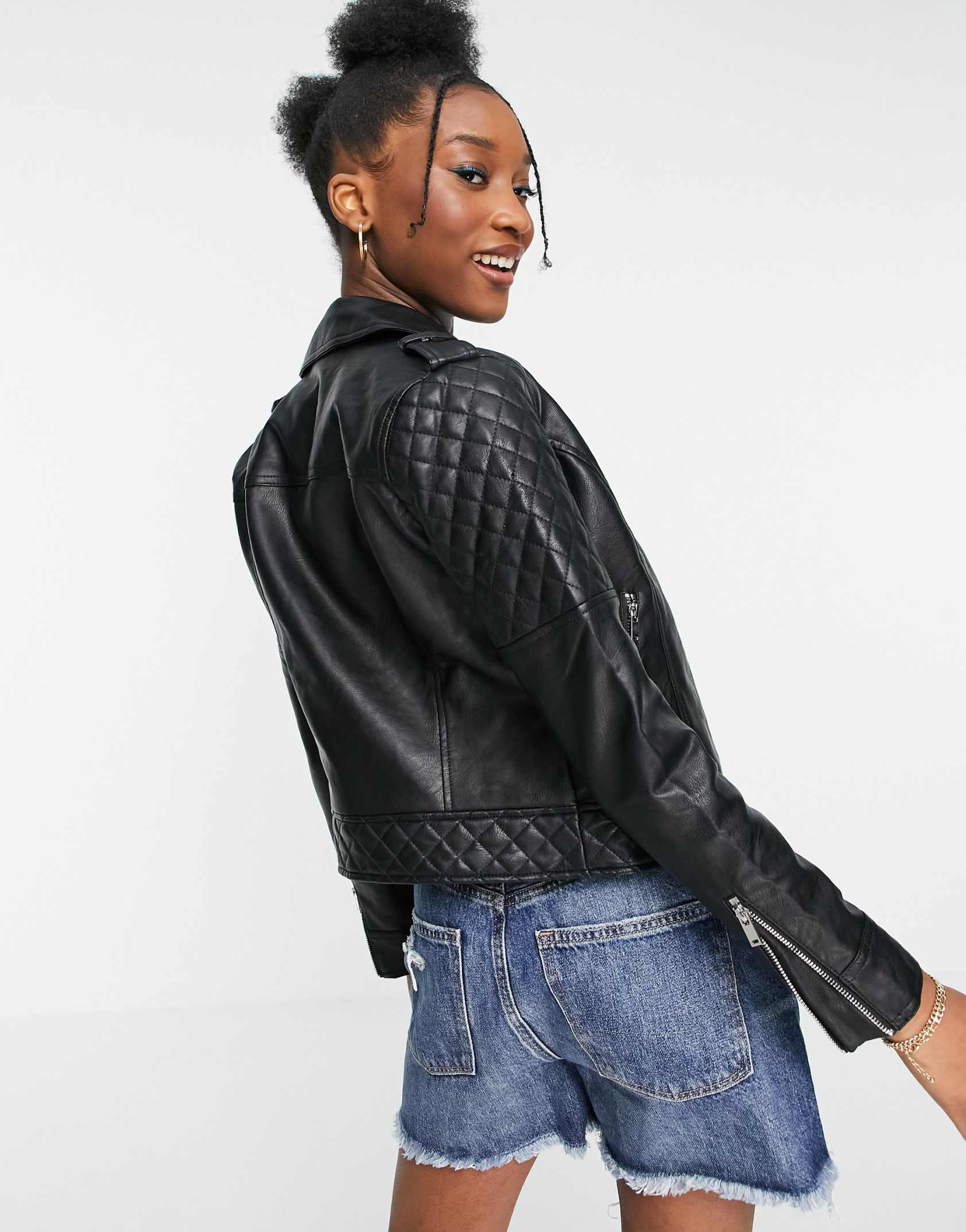 Miss Selfridge Petite faux leather biker jacket in black ASOS Price Checker