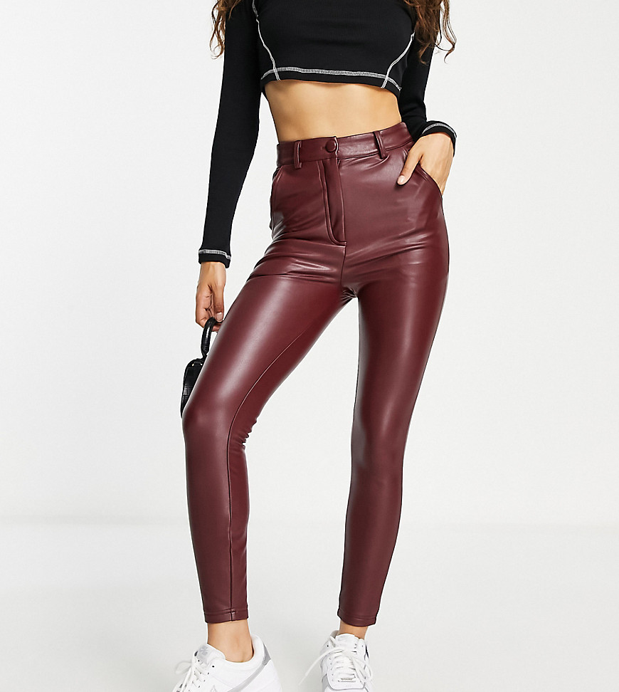 Miss Selfridge Petite faux leather button fly legging in burgundy-No colour