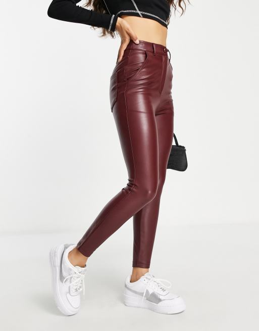 Petite Burgundy Coated Leather-Look Zip Leggings