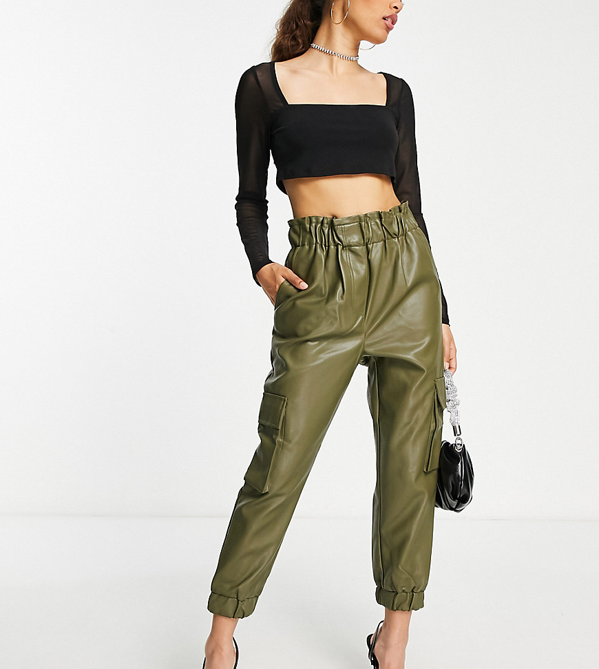 Miss Selfridge Petite faux leather cargo pants in khaki-Green