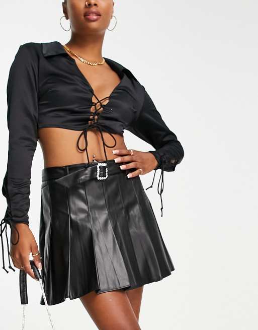 Petite Faux Leather Pleated Mini Skirt