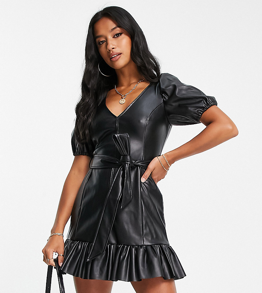Miss Selfridge Petite faux leather frill hem belted dress in black