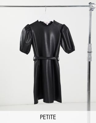 Miss Selfridge Petite Petite Faux Leather Puff Sleeve Dress In Black
