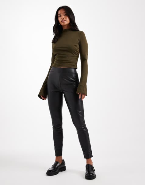 Miss Selfridge Petite faux leather pull on legging in black - view 1
