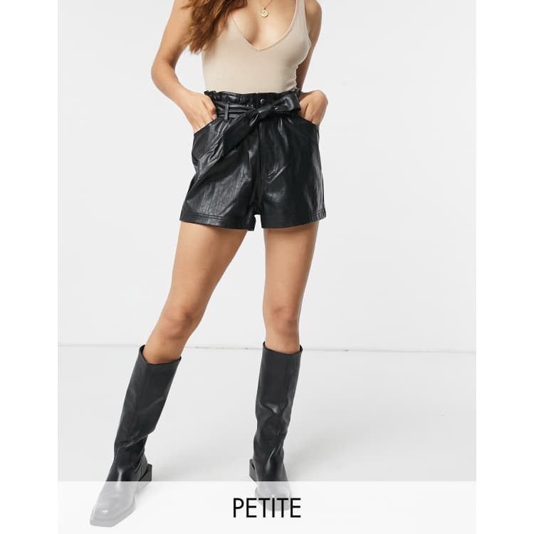 Miss Selfridge Petite faux leather shorts with paperbag waist in black