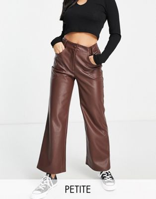 Miss Selfridge Petite faux leather straight leg dad trouser in chocolate