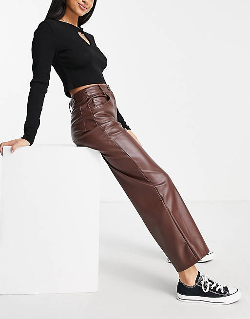 Women Miss Selfridge Petite faux leather straight leg dad trouser in chocolate 