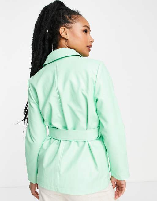 Miss Selfridge Petite faux leather tie waist shacket in mint, 2 of 4