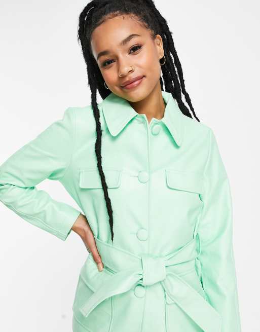 Miss Selfridge Petite faux leather tie waist shacket in mint, 3 of 4