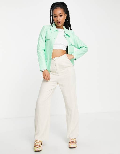 Miss Selfridge Petite faux leather tie waist shacket in mint, 4 of 4