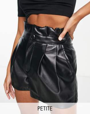 Miss Selfridge Petite Faux Leather Waist Detail Shorts In Black