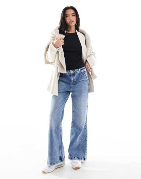 Miss Selfridge Petite flare wide leg jeans in mid blue - view 1