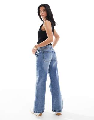 Miss Selfridge Petite flare wide leg jean in mid blue