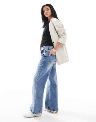Miss Selfridge Petite flare wide leg jean in mid blue