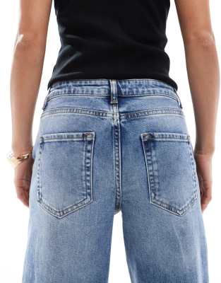 Miss Selfridge Petite flare wide leg jean in mid blue