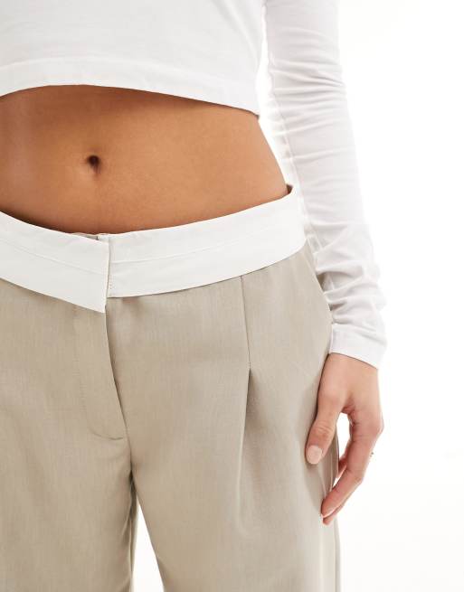 Miss Selfridge Petite fold over waistband pants in stone, 4 of 5
