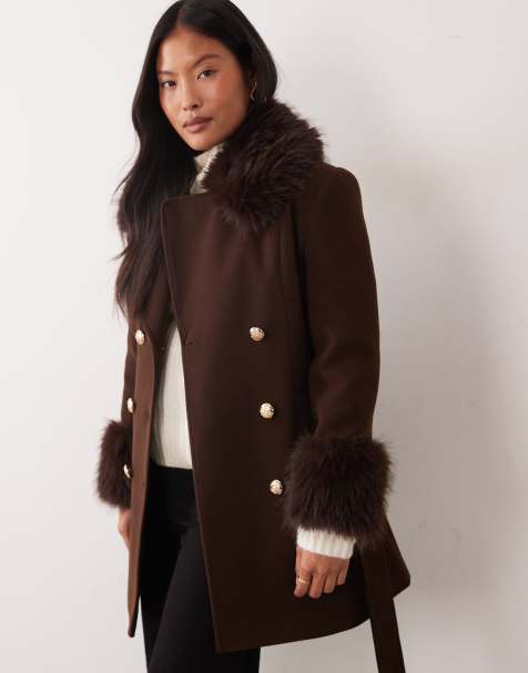 Miss Selfridge petite formal belted coat in chocolate - view 1