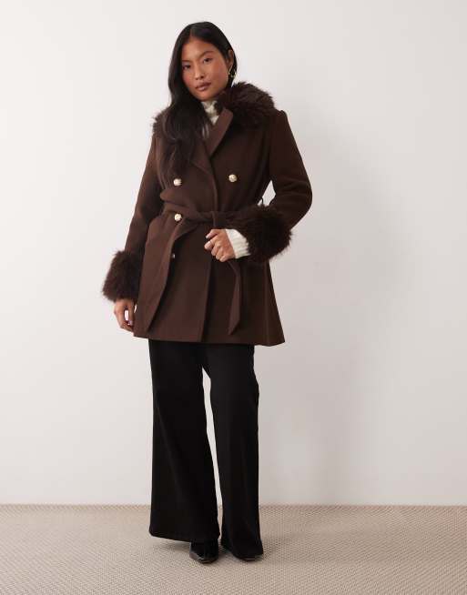 Miss Selfridge petite formal belted coat in chocolate, 2 of 4