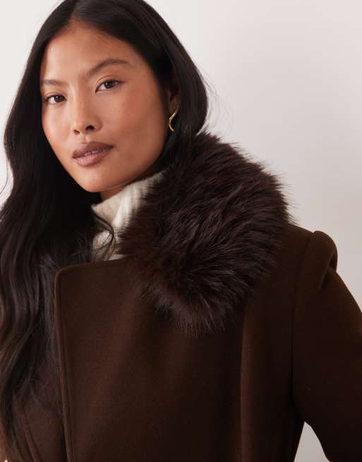 Miss Selfridge petite formal belted coat in chocolate, 3 of 4