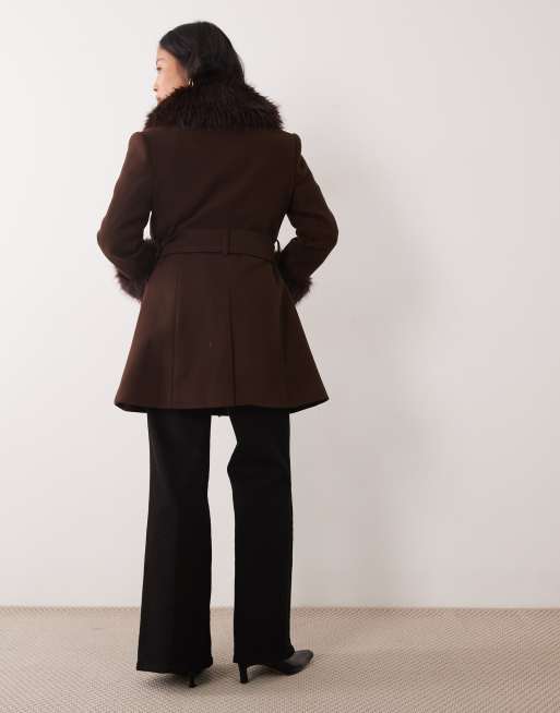 Miss Selfridge petite formal belted coat in chocolate, 4 of 4