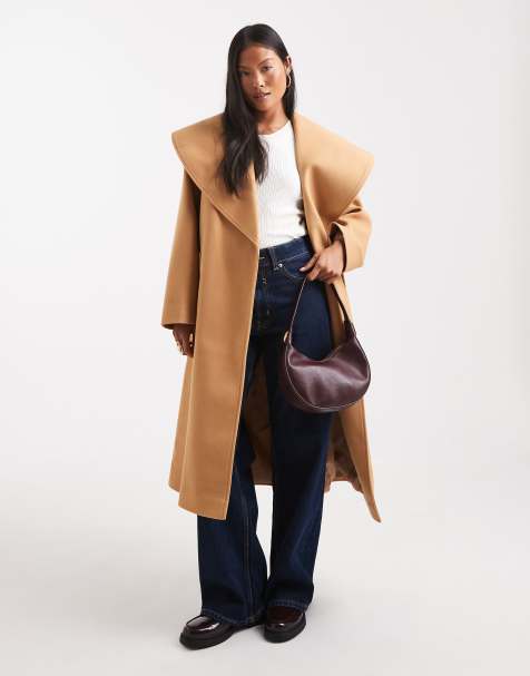 Miss Selfridge Petite formal wrap coat in camel - view 1