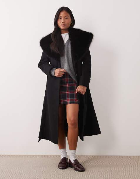 Miss Selfridge petite formal wrap coat with fur collar in black - view 1