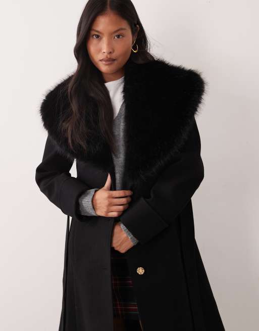Miss Selfridge petite formal wrap coat with fur collar in black, 2 of 4