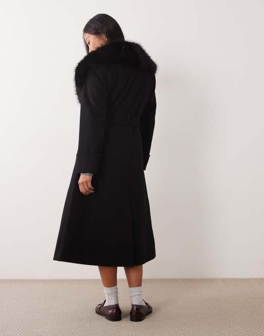 Miss Selfridge petite formal wrap coat with fur collar in black, 3 of 4