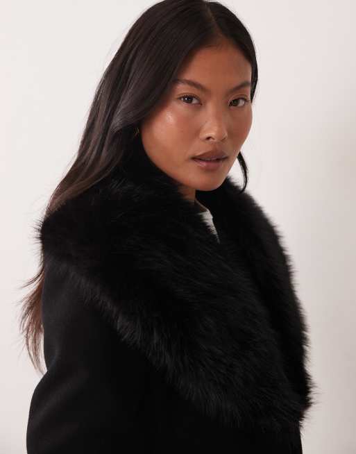 Miss Selfridge petite formal wrap coat with fur collar in black, 4 of 4