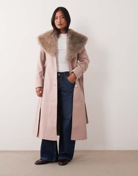 Miss Selfridge petite formal wrap coat with fur collar in pink - view 1