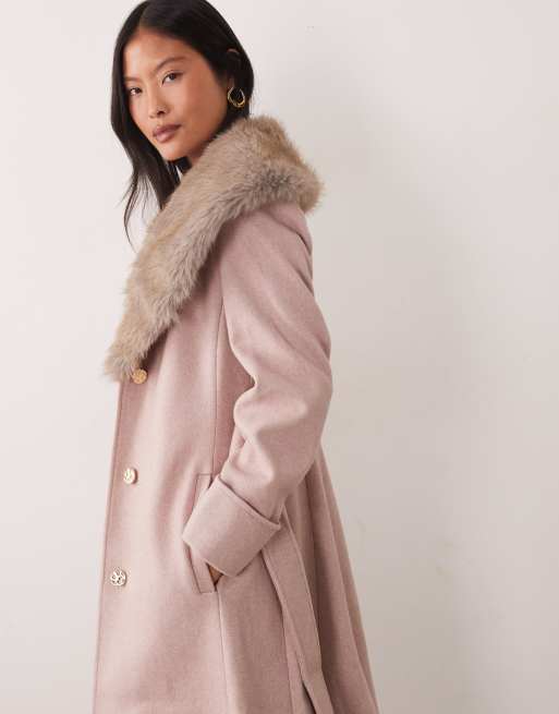 Miss Selfridge petite formal wrap coat with fur collar in pink, 2 of 4