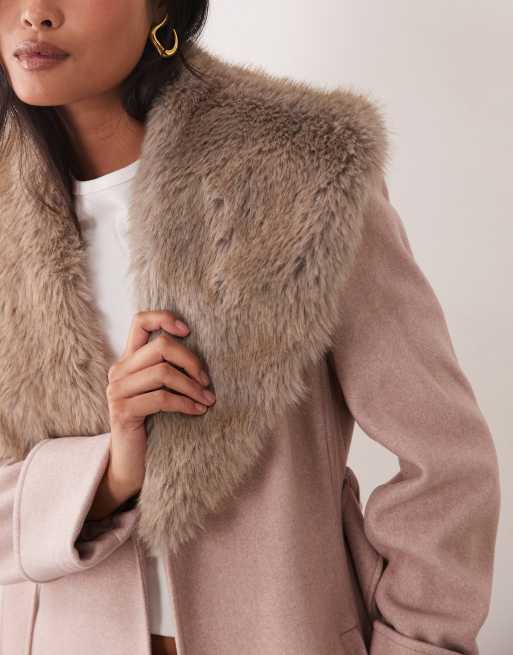 Miss Selfridge petite formal wrap coat with fur collar in pink, 3 of 4