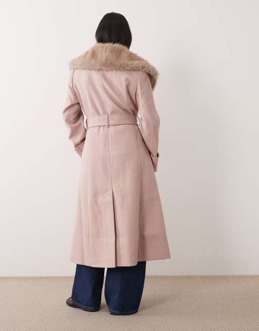 Miss Selfridge petite formal wrap coat with fur collar in pink, 4 of 4