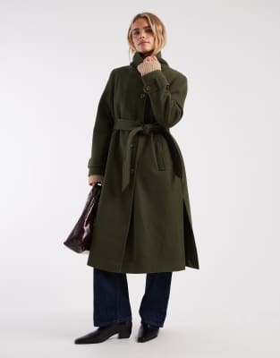 Miss Selfridge Petite - Formeller Mantel in Khaki mit Stehkragen-Grün