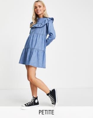 Miss Selfridge Petite frill bib denim dress in midwash blue