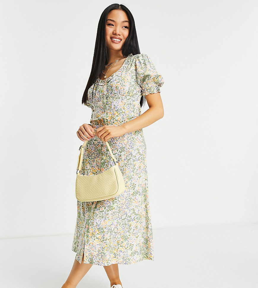 Miss Selfridge Petite Frill Edge Button Through Midi Dress In Meadow Floral-Multi