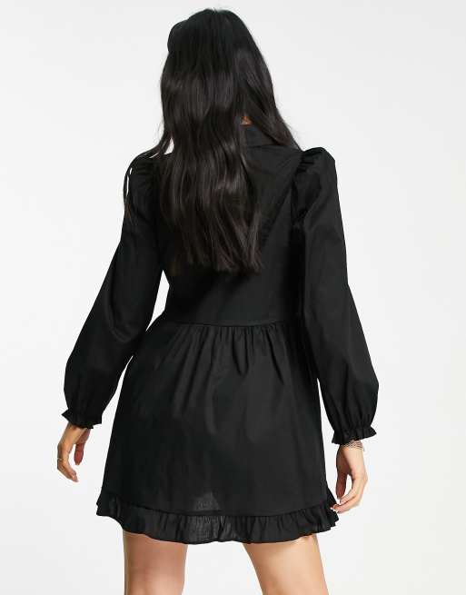 Miss Selfridge Petite frill hem poplin mini smock dress in black