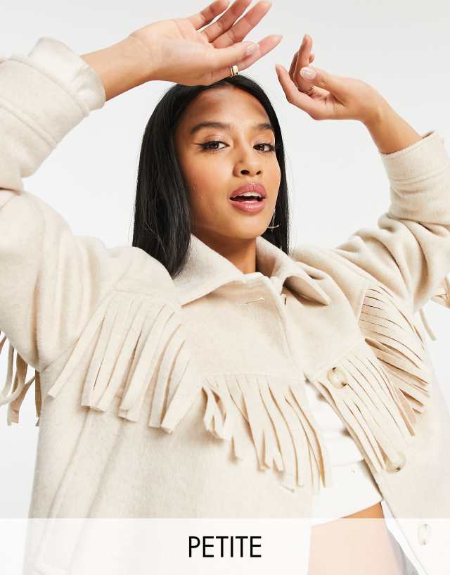 Miss Selfridge Petite fringe shacket in camel