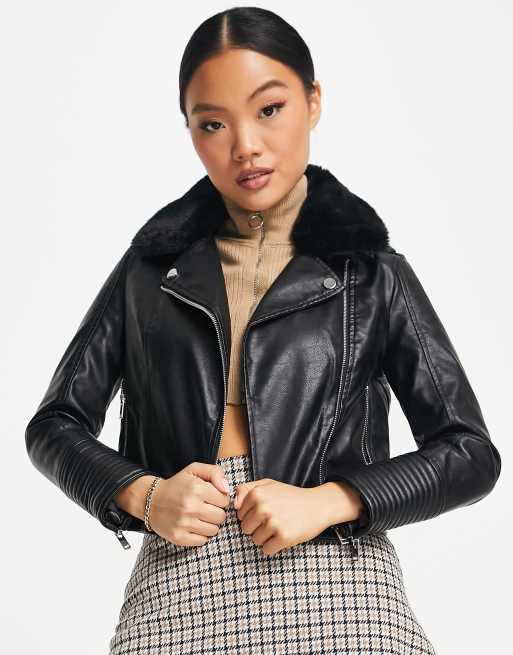 Cropped leather jacket shop with fur collar