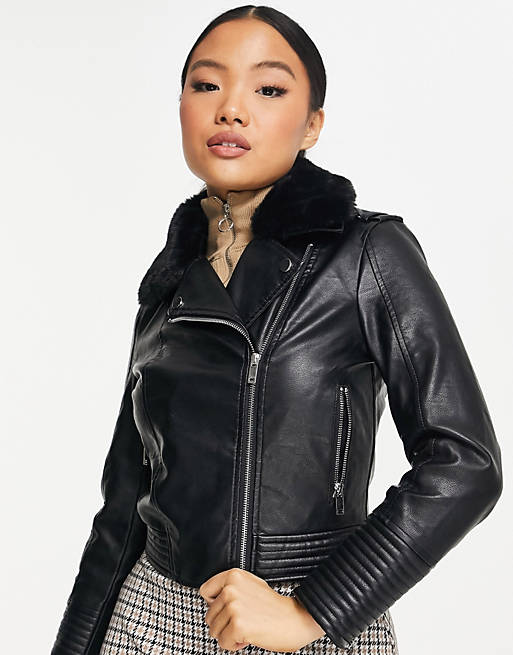 Women Miss Selfridge Petite fur collar faux leather biker jacket in black 