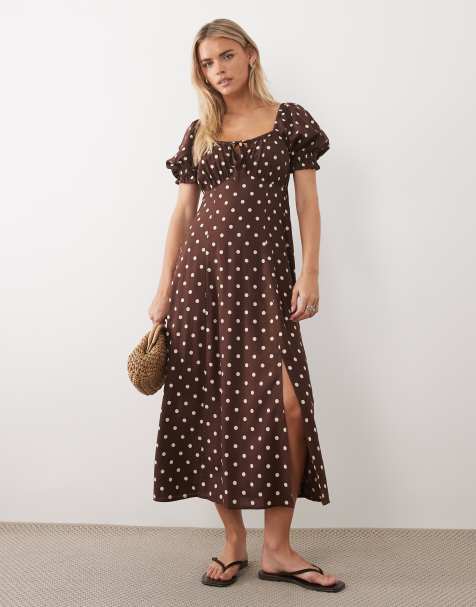 Miss Selfridge Petite - Gesponnen maxi jurk met pofmouwen in chocoladebruin met stippen - view 1