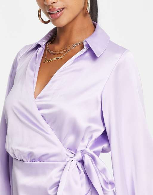 Miss Selfridge Petite going out satin wrap shirt dress in lilac