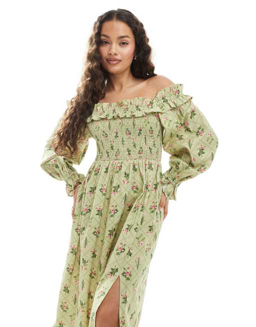 Miss Selfridge Petite – Grön, blommig maxiklänning i linnetyg med bardotringning, 4 av 4
