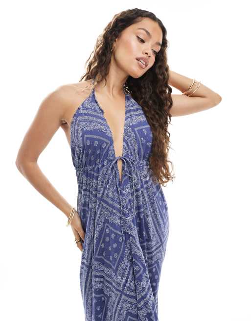 Miss Selfridge Petite halterneck spun maxi dress in bandana print