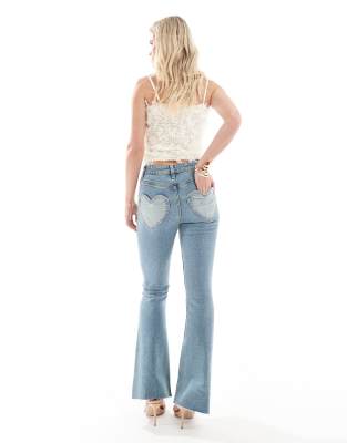 Miss Selfridge Petite Heart Pocket Flare Jeans In Blue