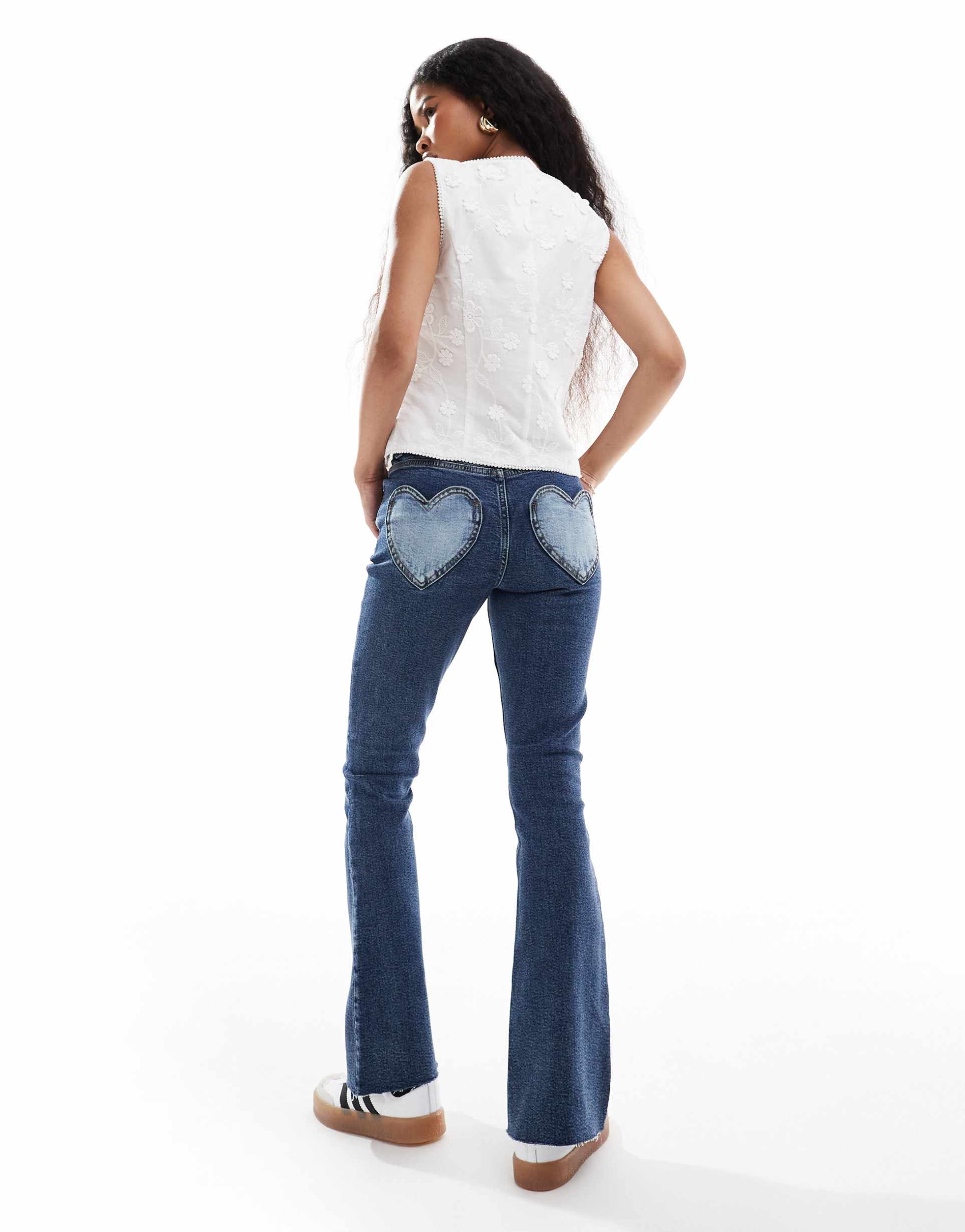 miss selfridge petite heart pocket flare jeans in indigo wash