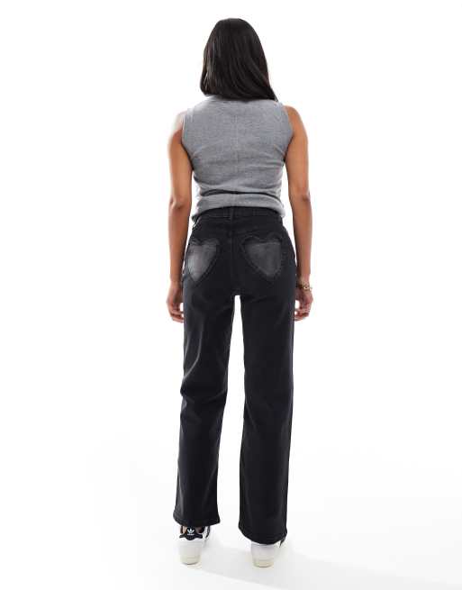 Miss Selfridge Petite heart pocket straight leg jeans in black wash