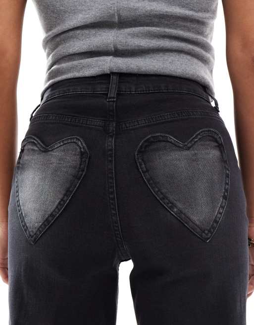 Miss Selfridge Petite heart pocket straight leg jeans in black wash