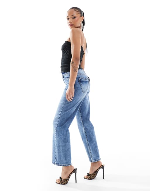Miss Selfridge Petite heart pocket straight leg jeans in blue wash