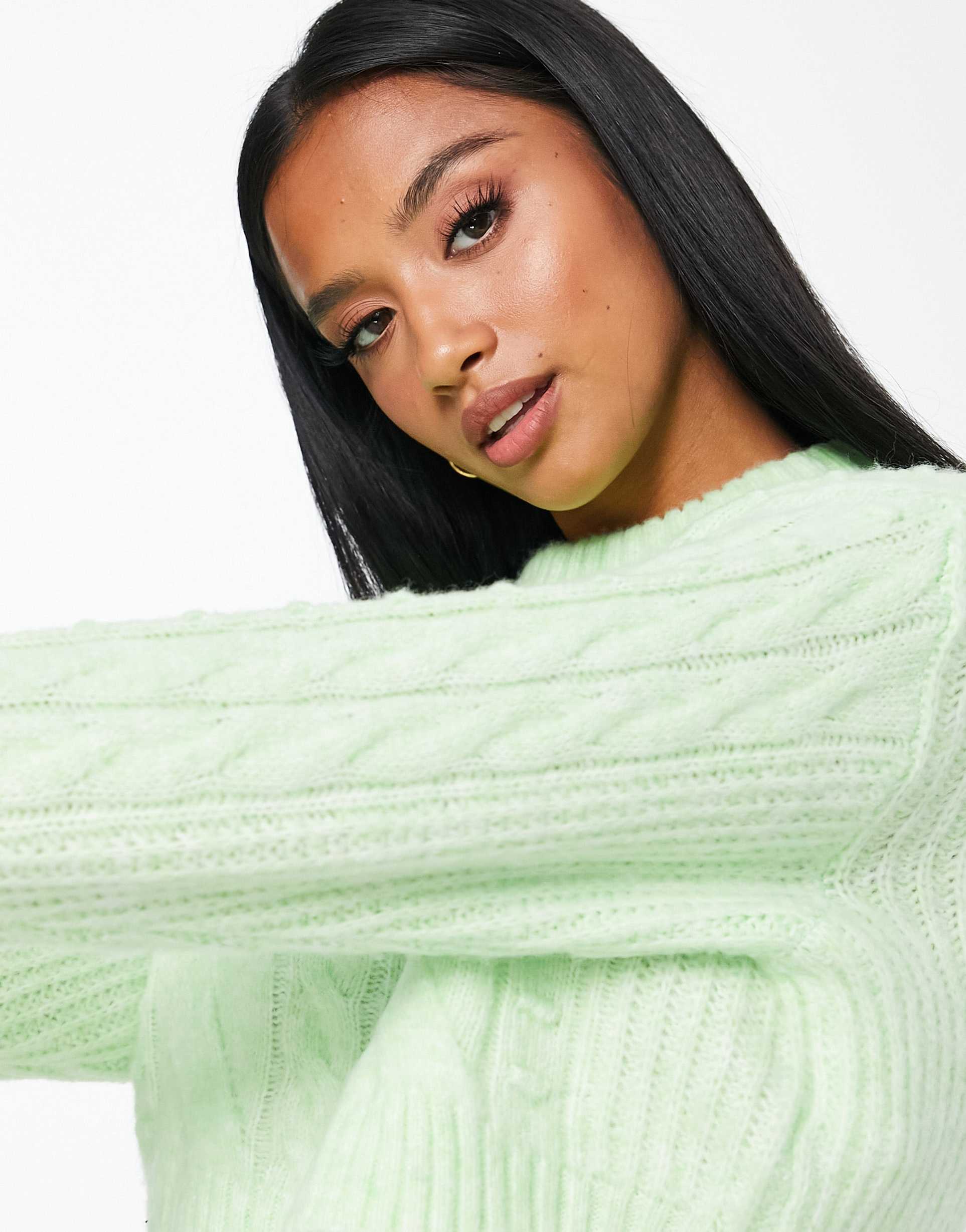 Miss Selfridge Petite heritage chunky cable jumper in green view 4